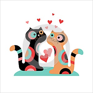 Bright multicolored cartoon cats with hearts. Valentine's Day.